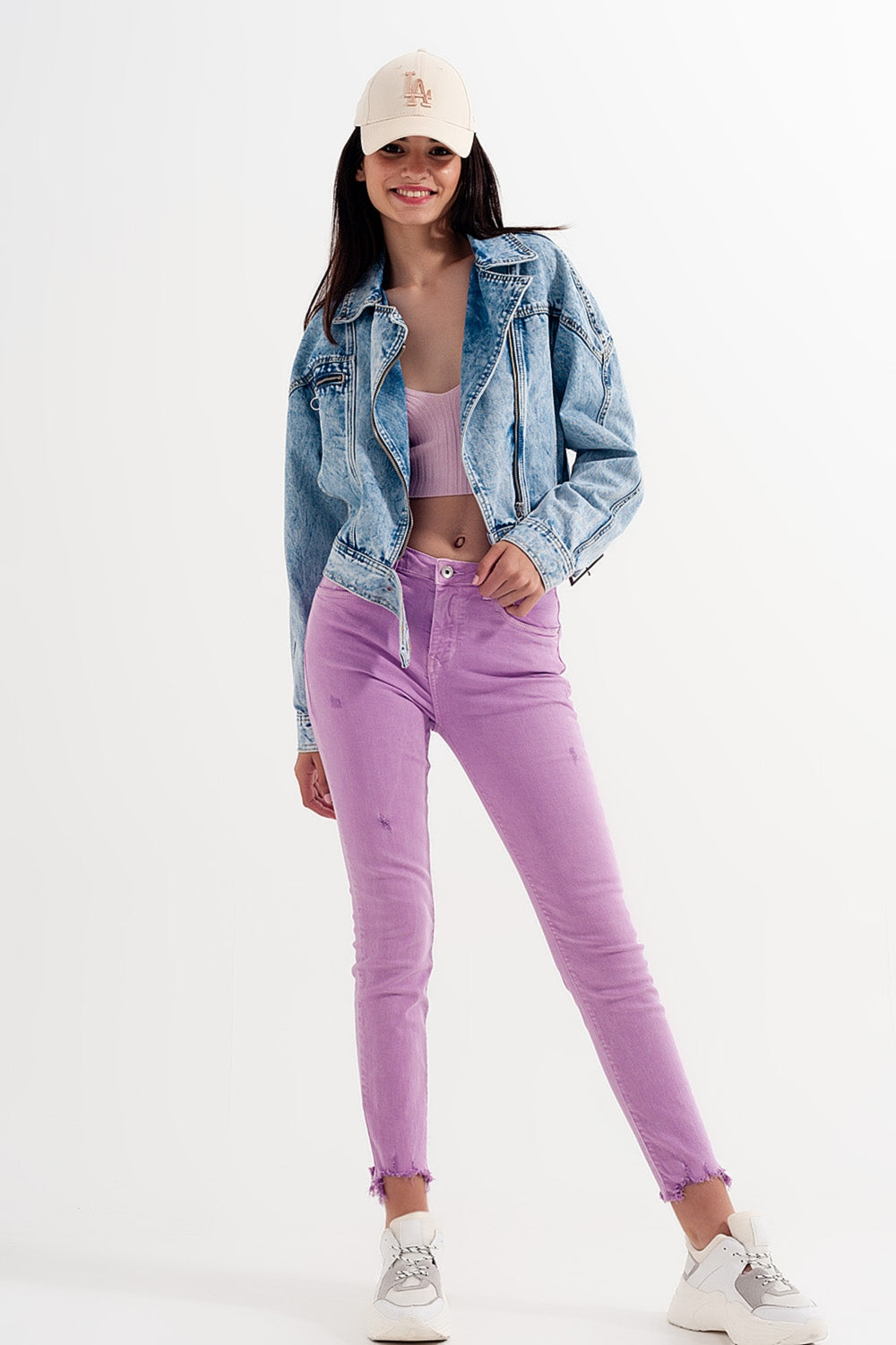 Jeans skinny lilla con fondo effetto invecchiato