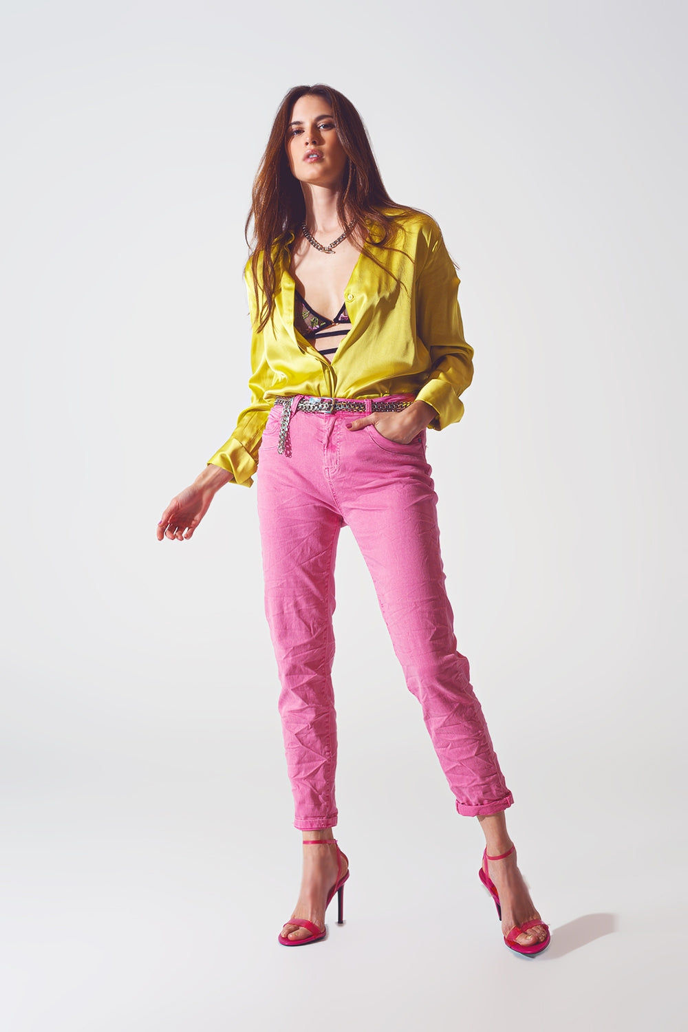 Jeans skinny rosa stropicciati