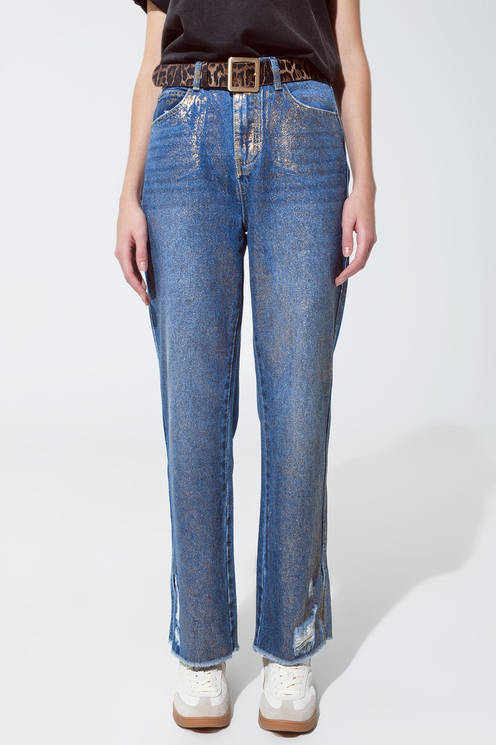 Q2 Jeans strappati a gamba dritta con bagliori metallici dorati