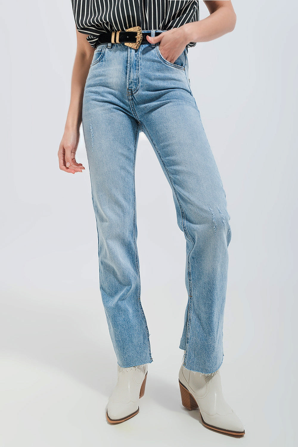 Jeans stretch lavaggio chiaro con fondo grezzo