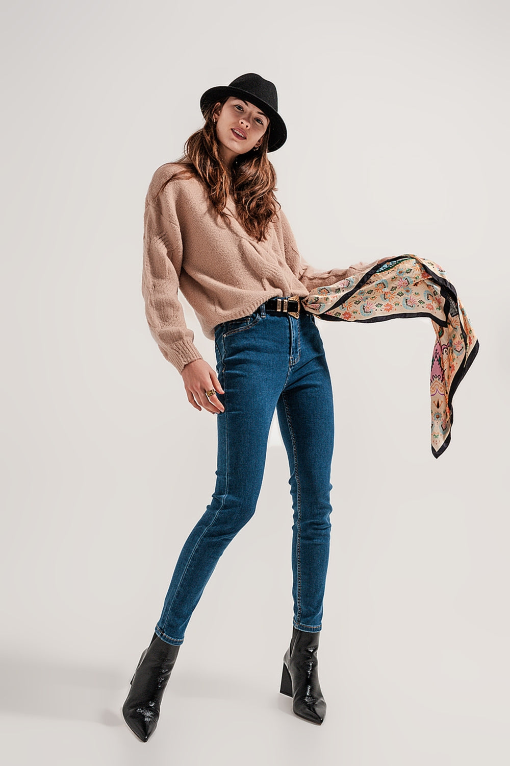 Q2 Jeans super skinny fit a vita alta lavaggio in blu medio