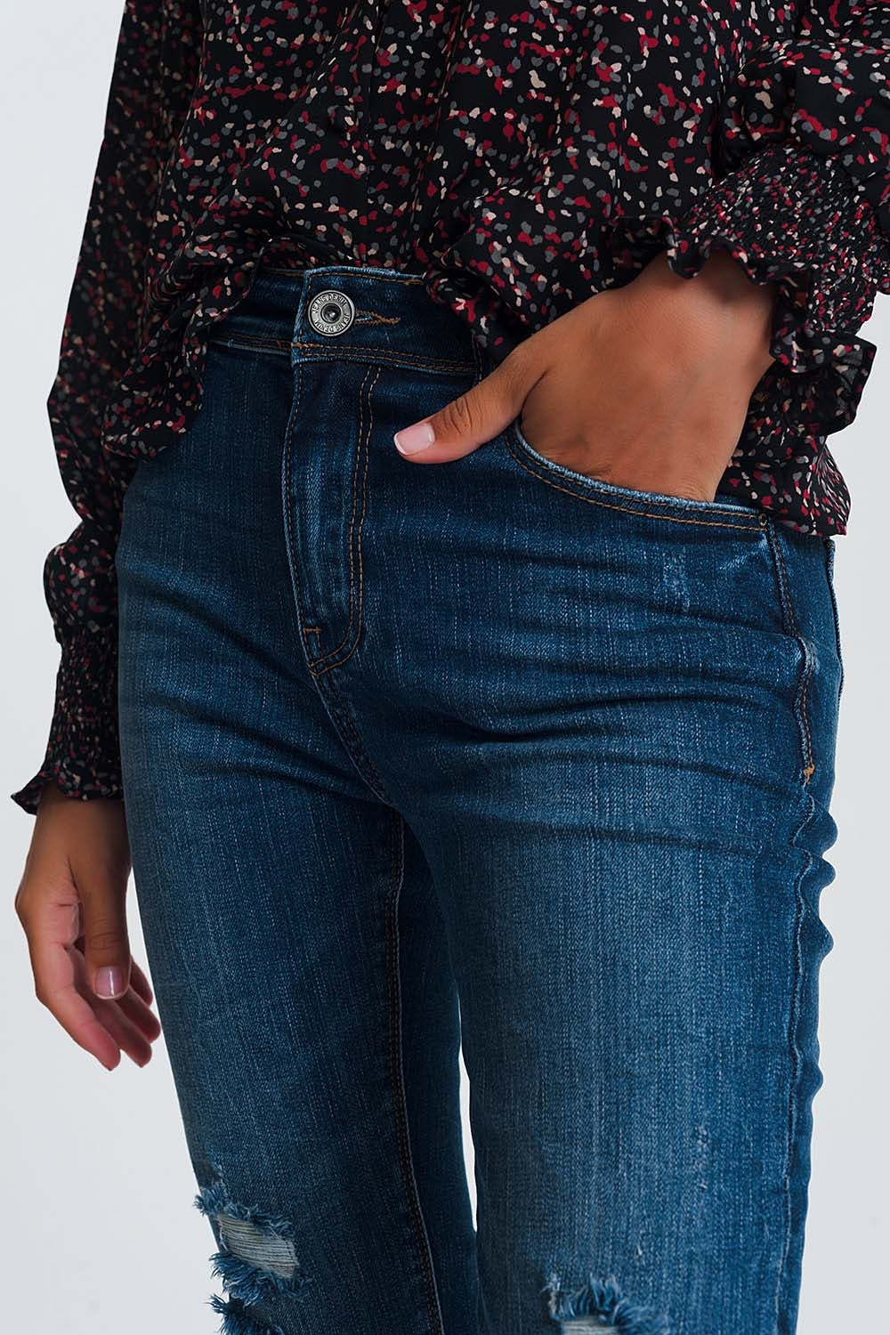 Jeans vita alta skinny blu lavaggio scuro con strappi dettagli