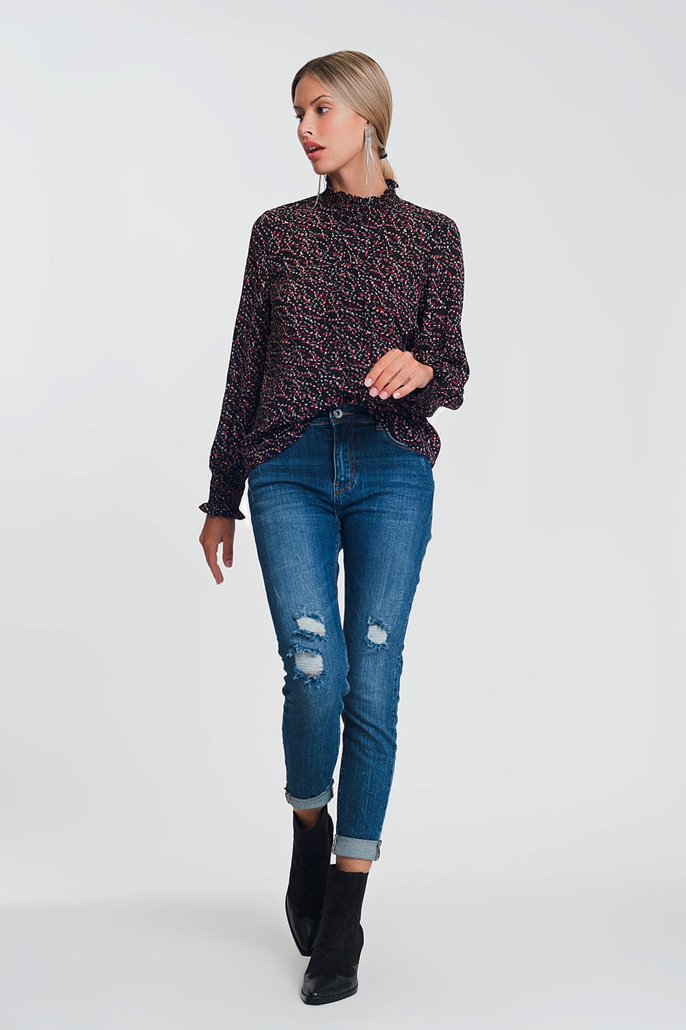 Jeans vita alta skinny blu lavaggio scuro con strappi dettagli