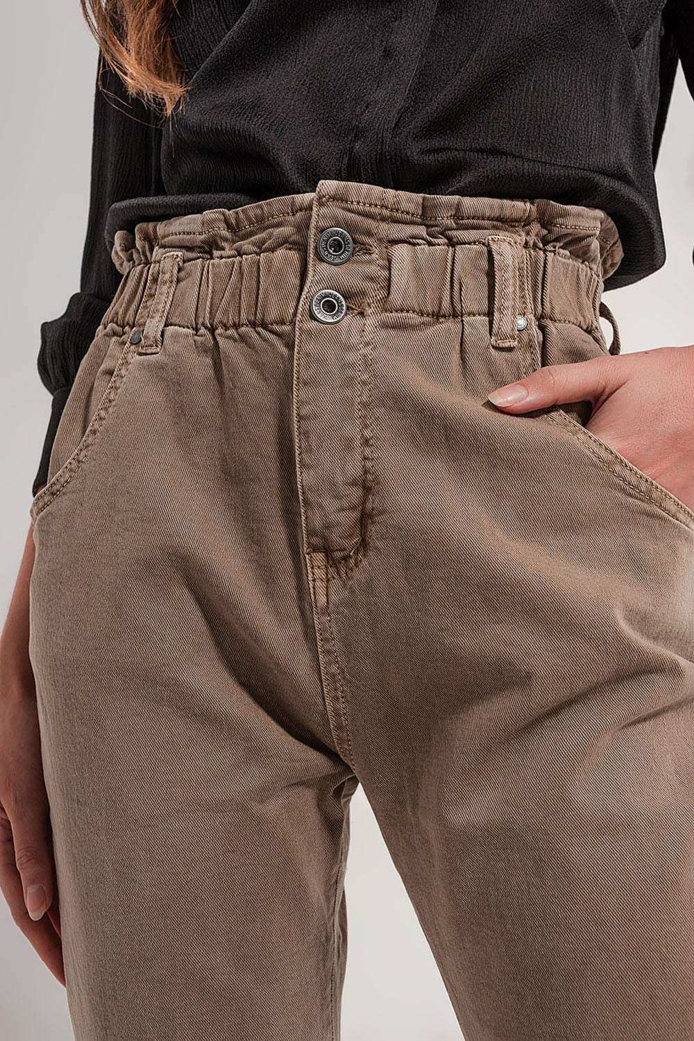 Jeans vita elasticizzata paperbag beige