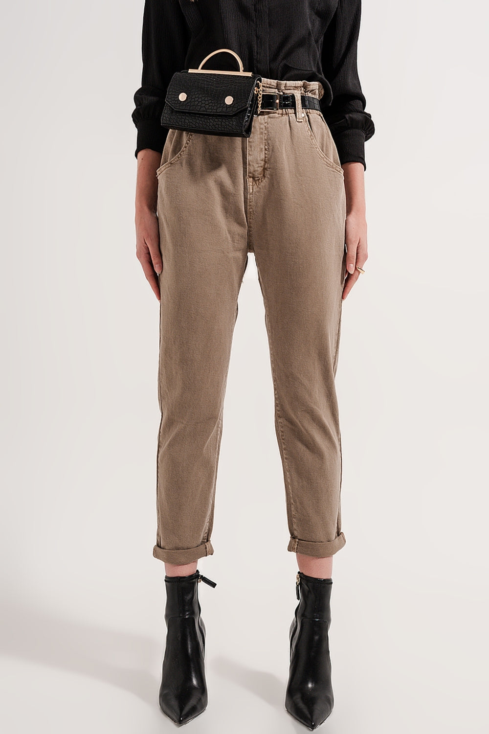 Jeans vita elasticizzata paperbag beige