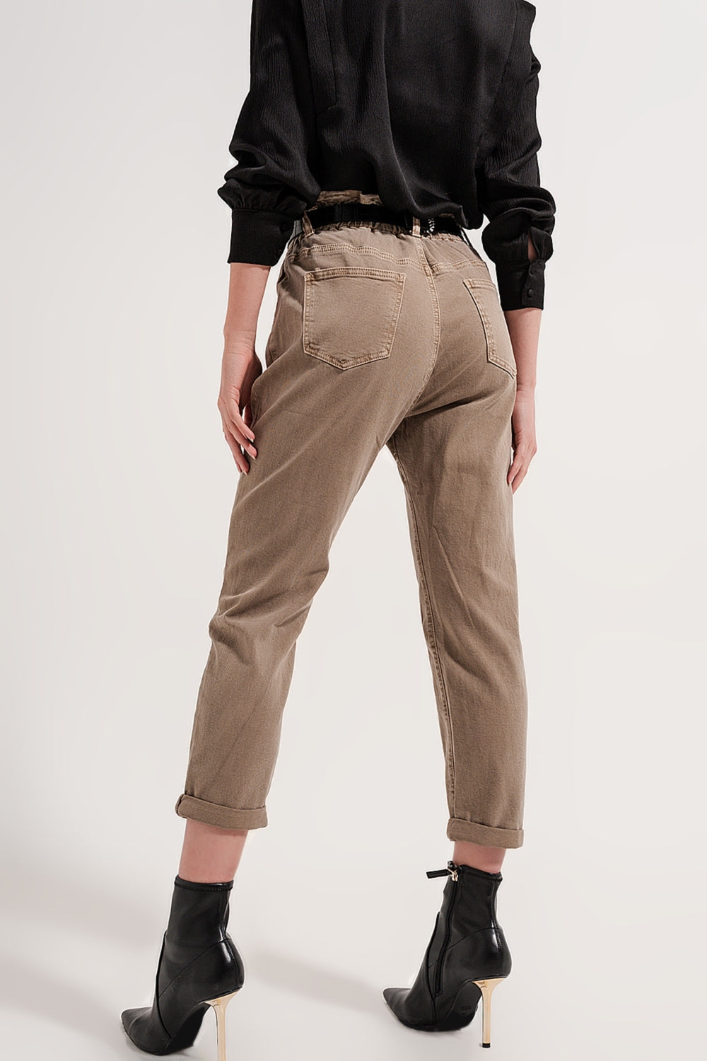 Jeans vita elasticizzata paperbag beige