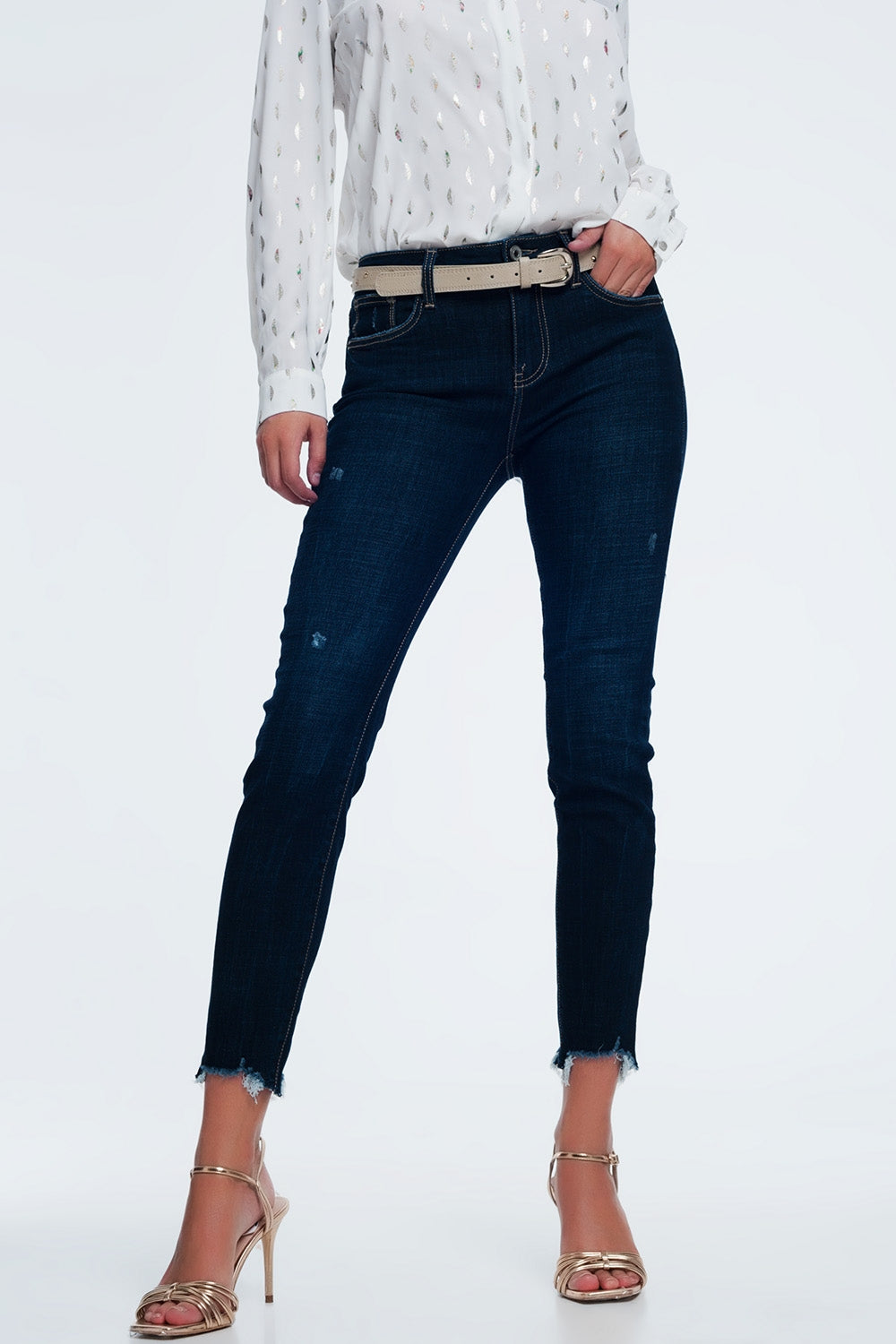 Jeans vita medio alta lavaggio blu acceso con fondo grezzo