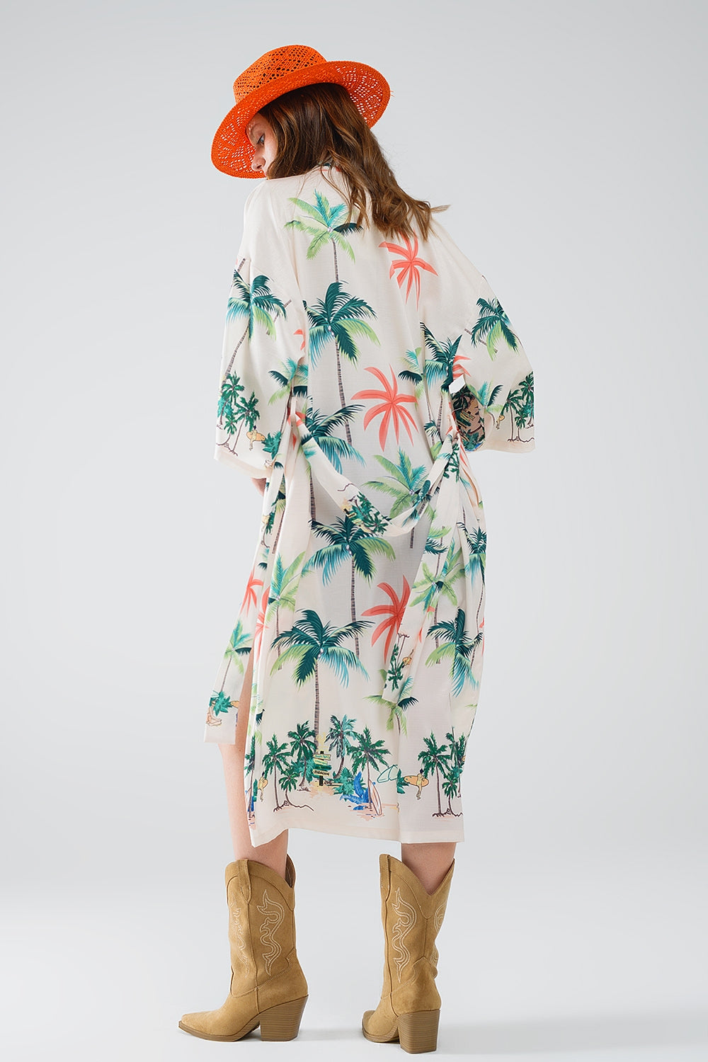 Kimono aperto color crema con stampa spiaggia in lunghezza midi
