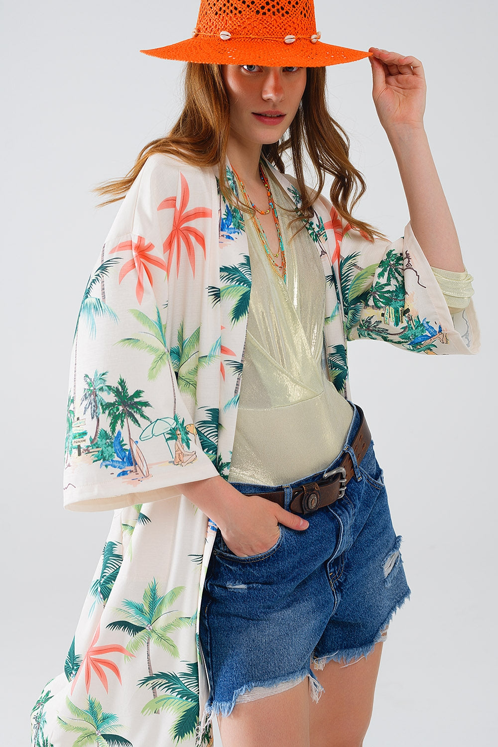 Kimono aperto color crema con stampa spiaggia in lunghezza midi