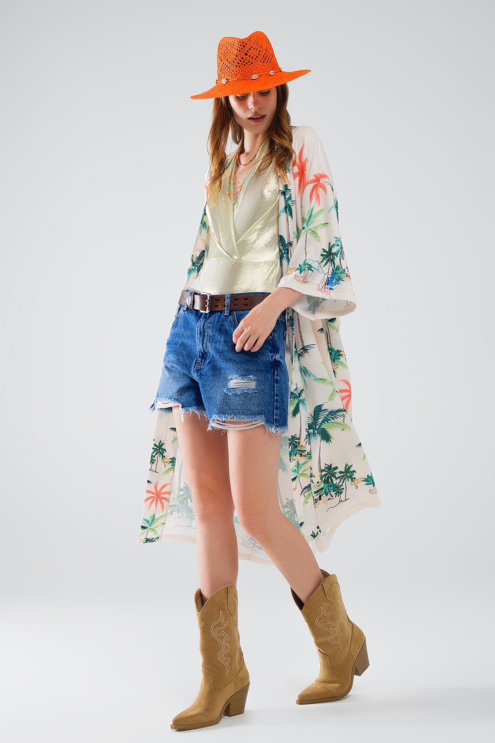 Kimono aperto color crema con stampa spiaggia in lunghezza midi
