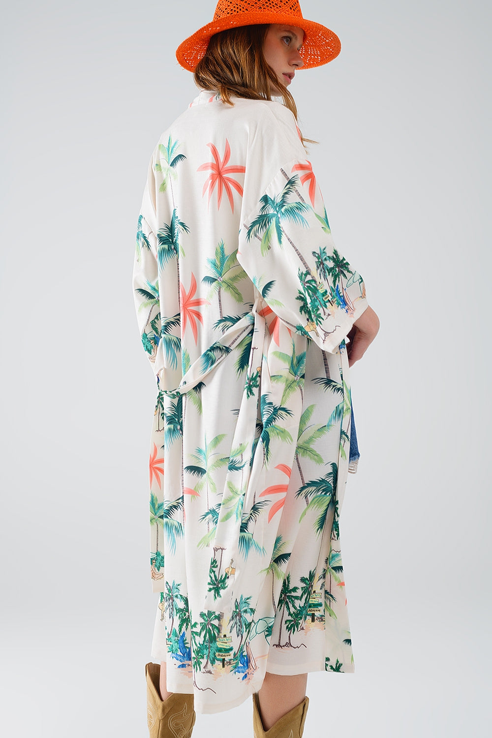 Kimono aperto color crema con stampa spiaggia in lunghezza midi