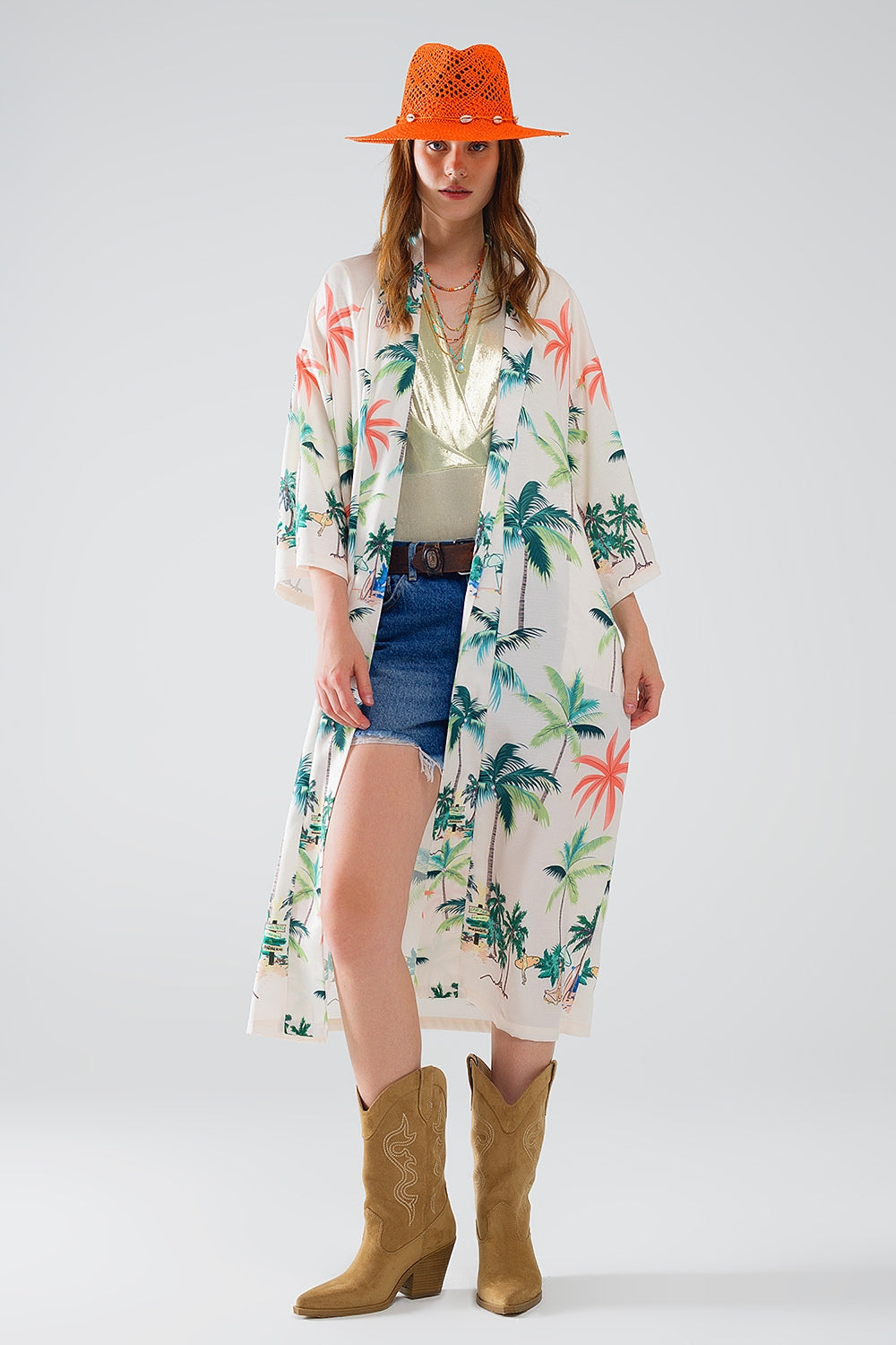 Kimono aperto color crema con stampa spiaggia in lunghezza midi