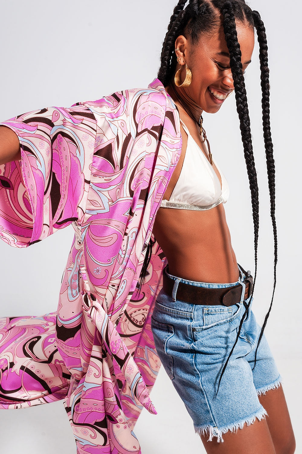 Q2 Kimono con stampa astratta rosa