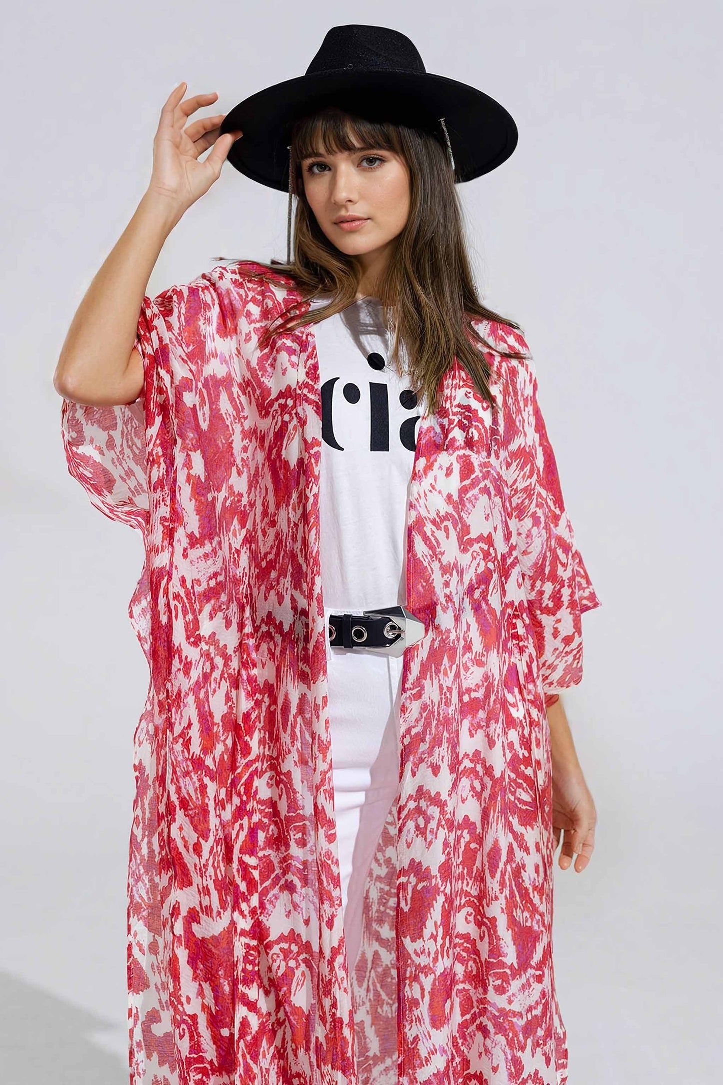 Kimono lungo rosso con chiusura a coulisse con stampa tribale