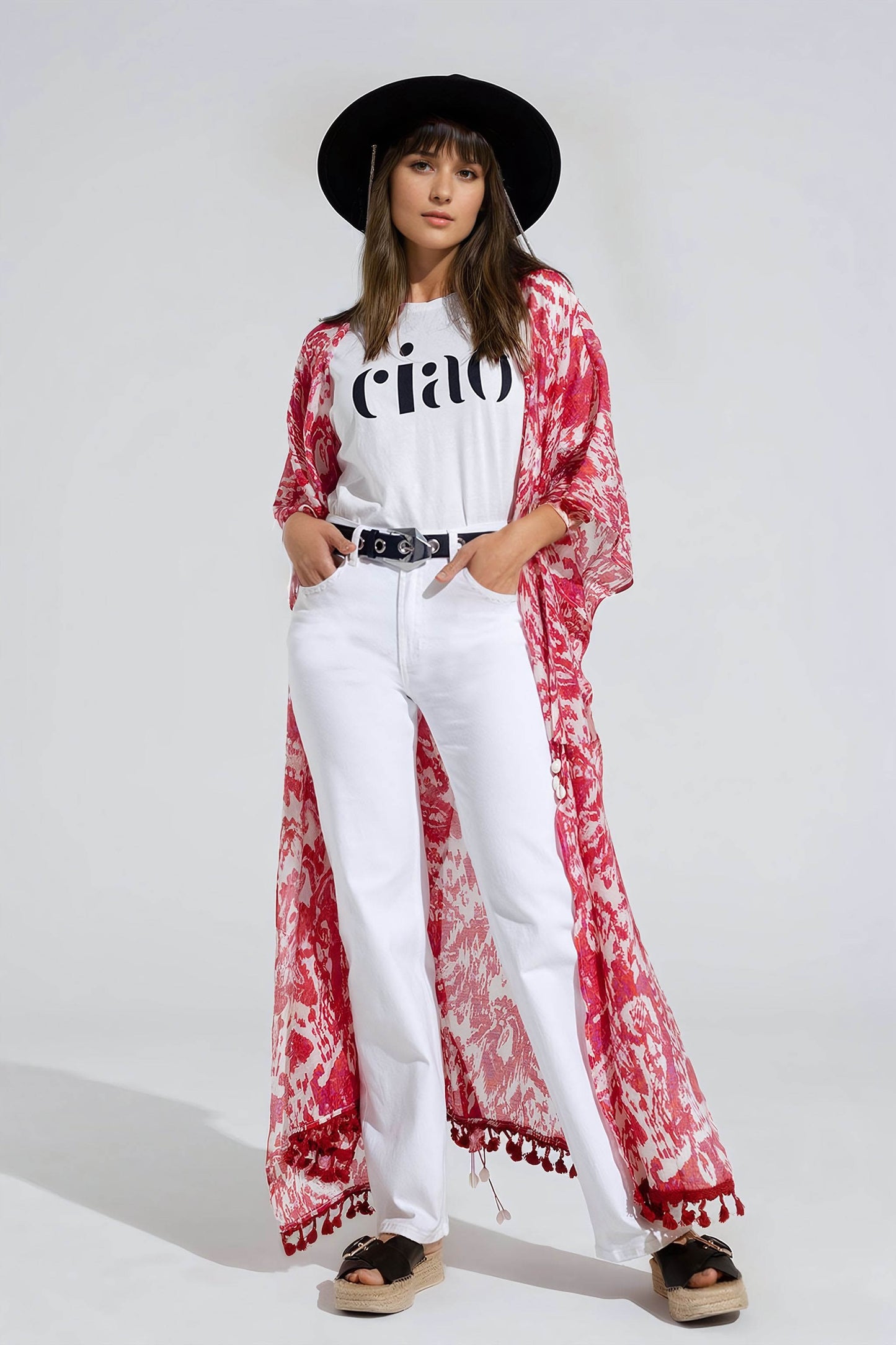 Kimono lungo rosso con chiusura a coulisse con stampa tribale