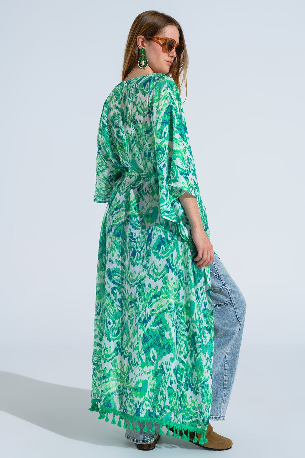 Kimono lungo verde con chiusura a coulisse con stampa tribale