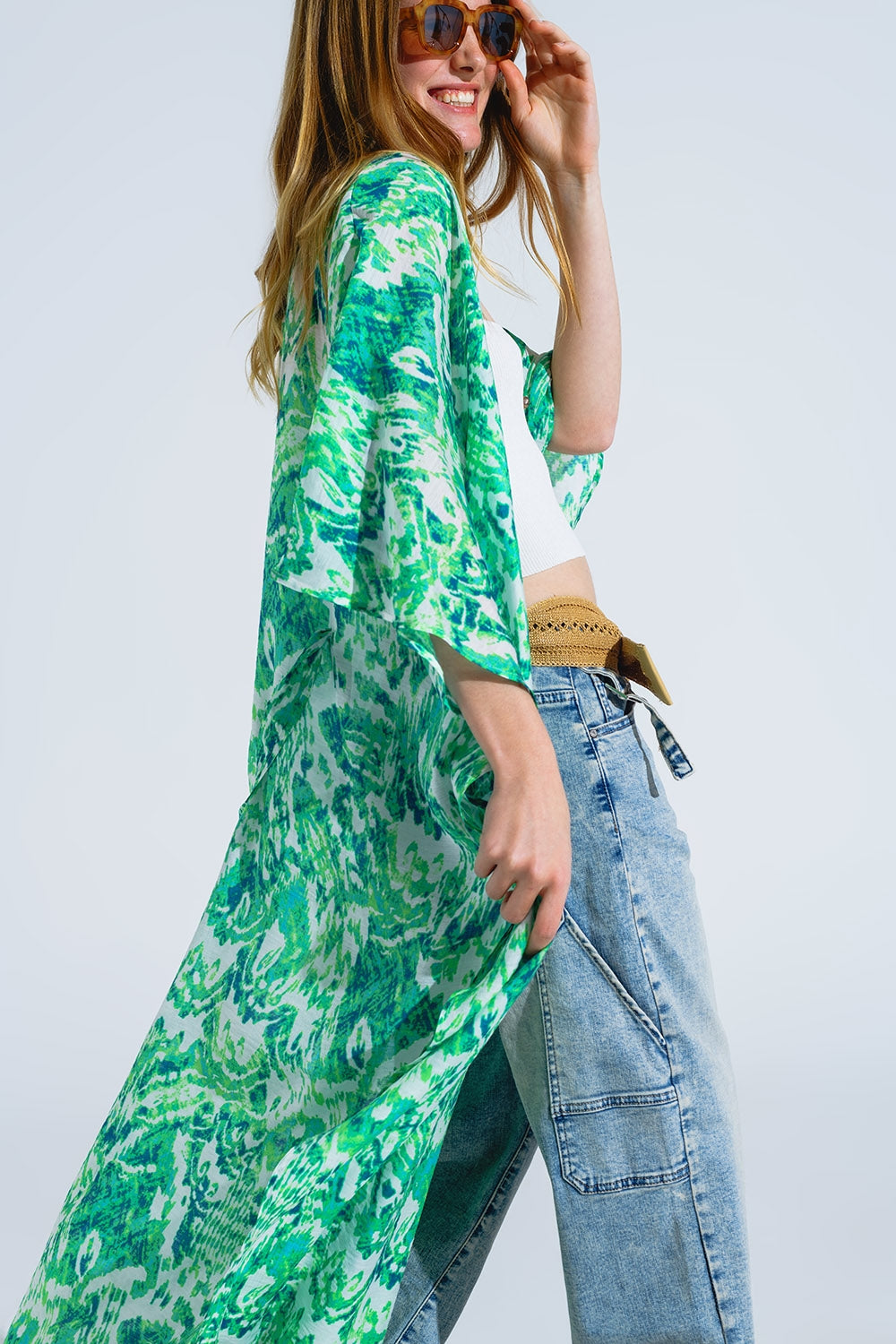 Kimono lungo verde con chiusura a coulisse con stampa tribale