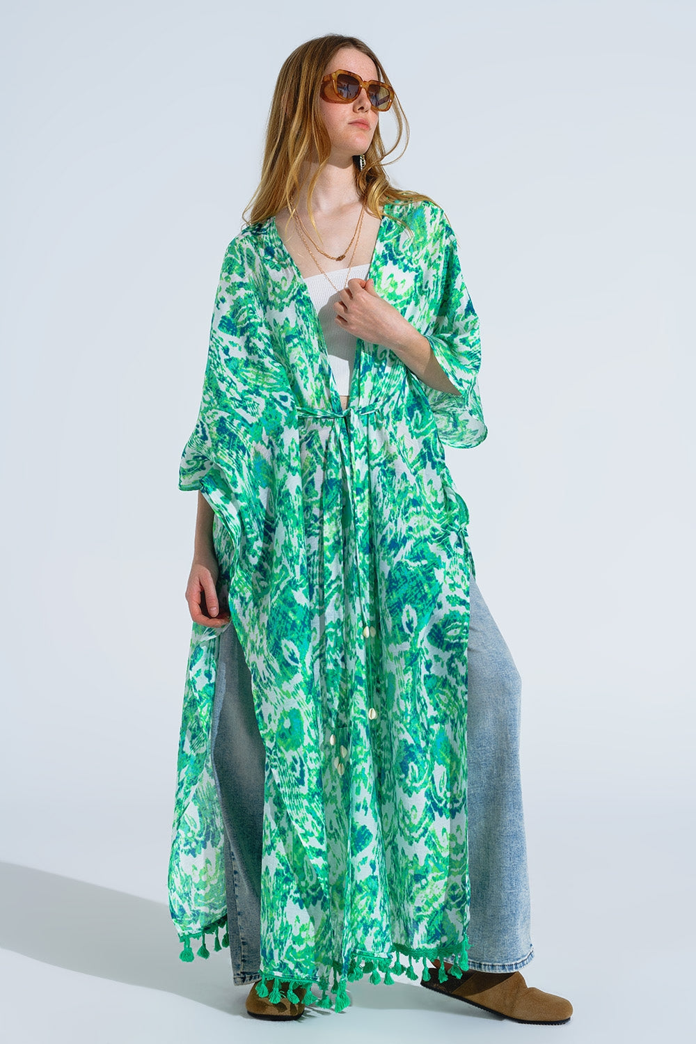 Kimono lungo verde con chiusura a coulisse con stampa tribale