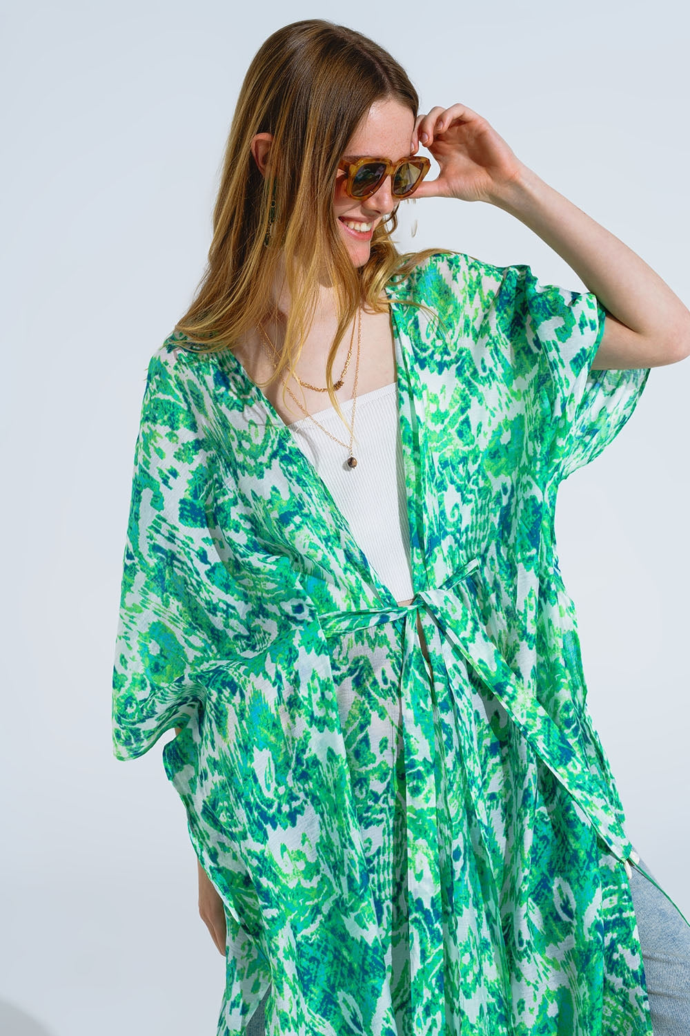 Kimono lungo verde con chiusura a coulisse con stampa tribale