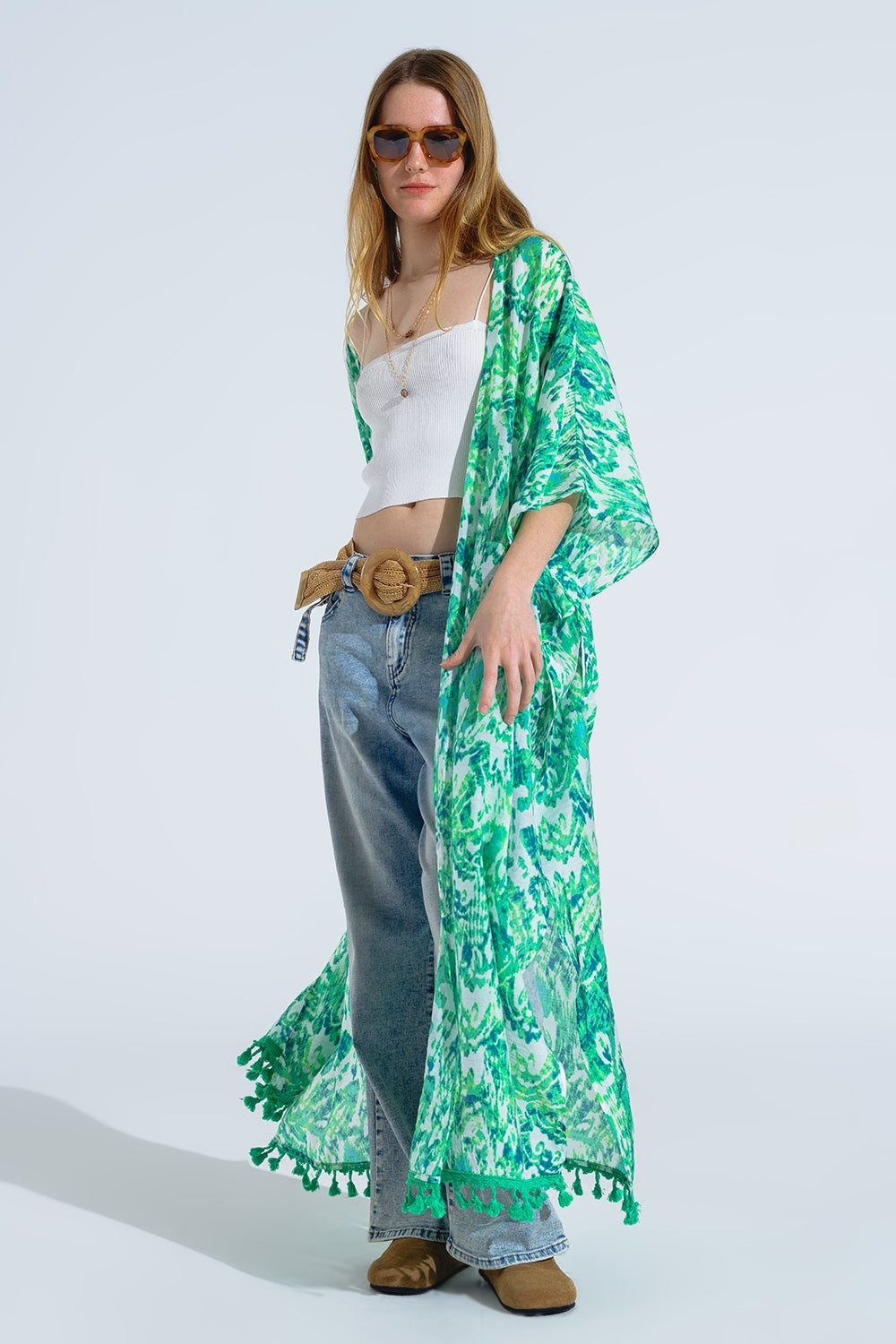 Kimono lungo verde con chiusura a coulisse con stampa tribale