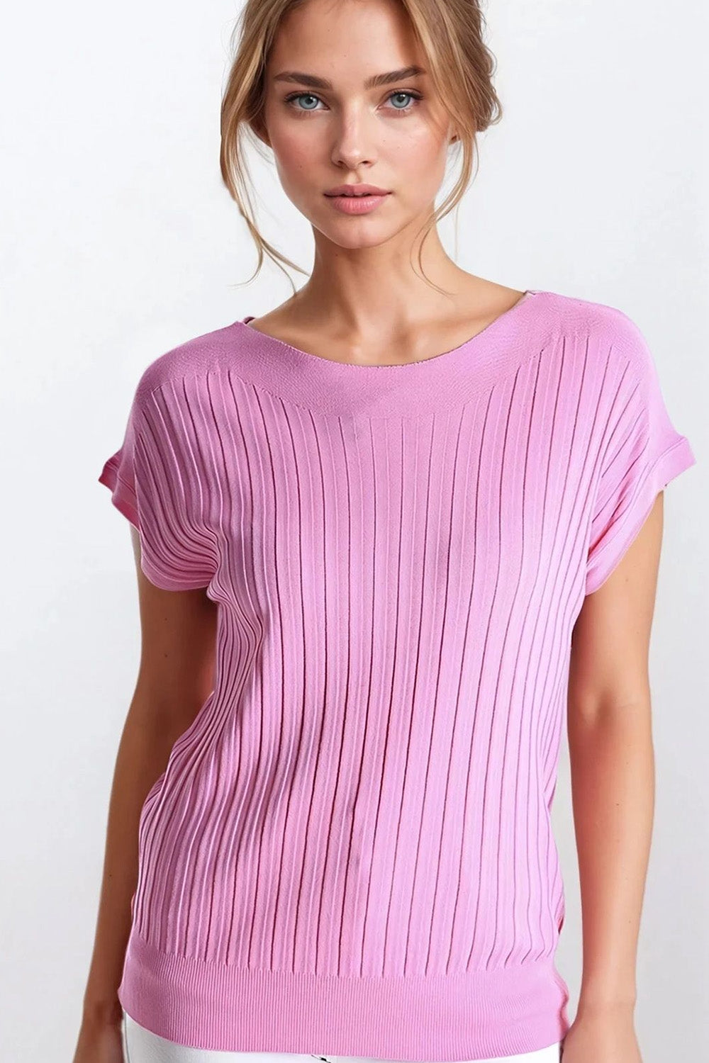 Q2 Maglia a coste sottili Fucshia con collo a barca