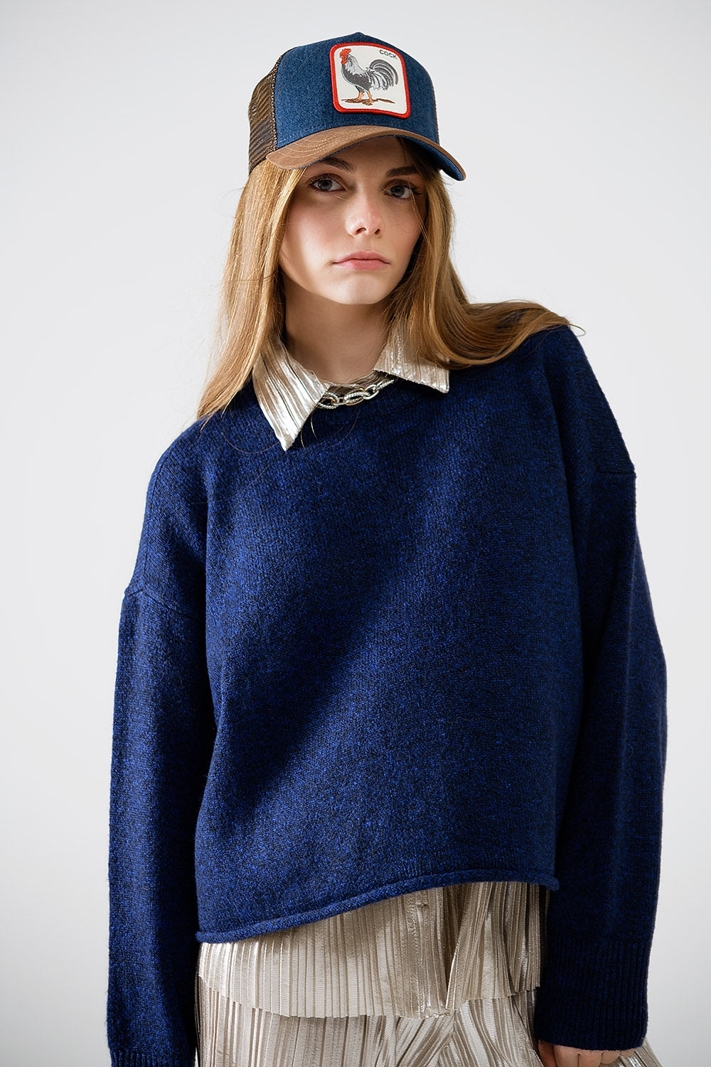 Q2 Maglia a maglia morbida con maniche a palloncino in stile navy