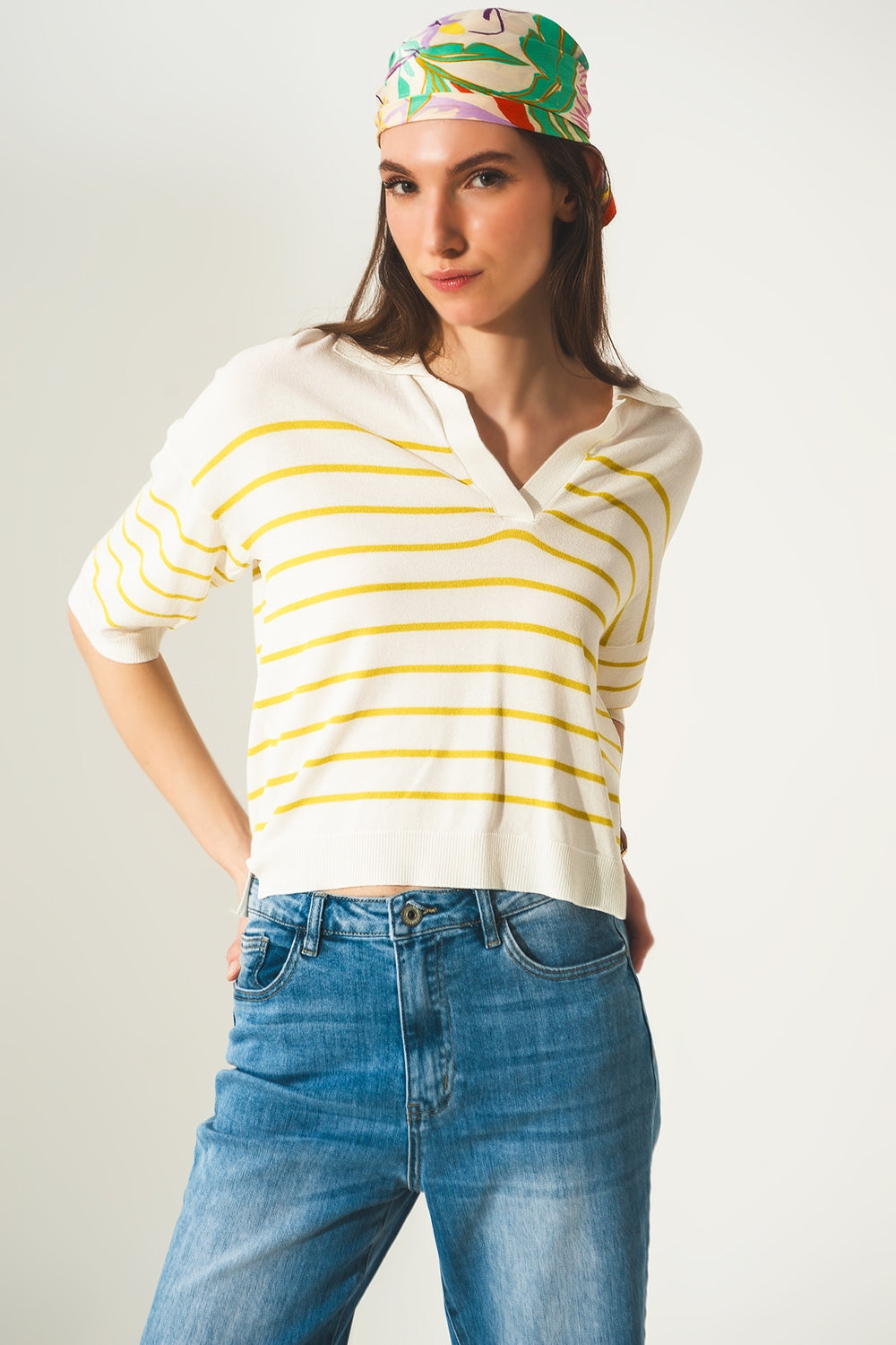 Q2 Maglia polo verde estilo vintage anni 70 a righe