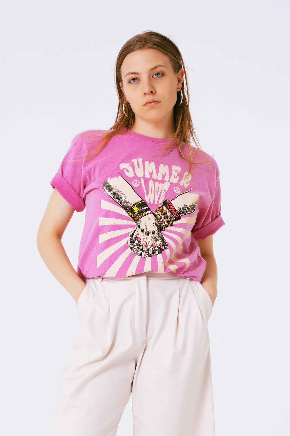 Maglietta grafica con il testo Summer Love in rosa