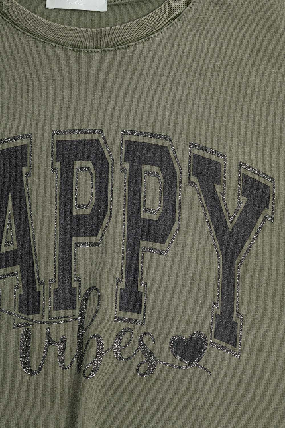 Maglietta grafica rilassata Happy Vibes verde kaki lavato