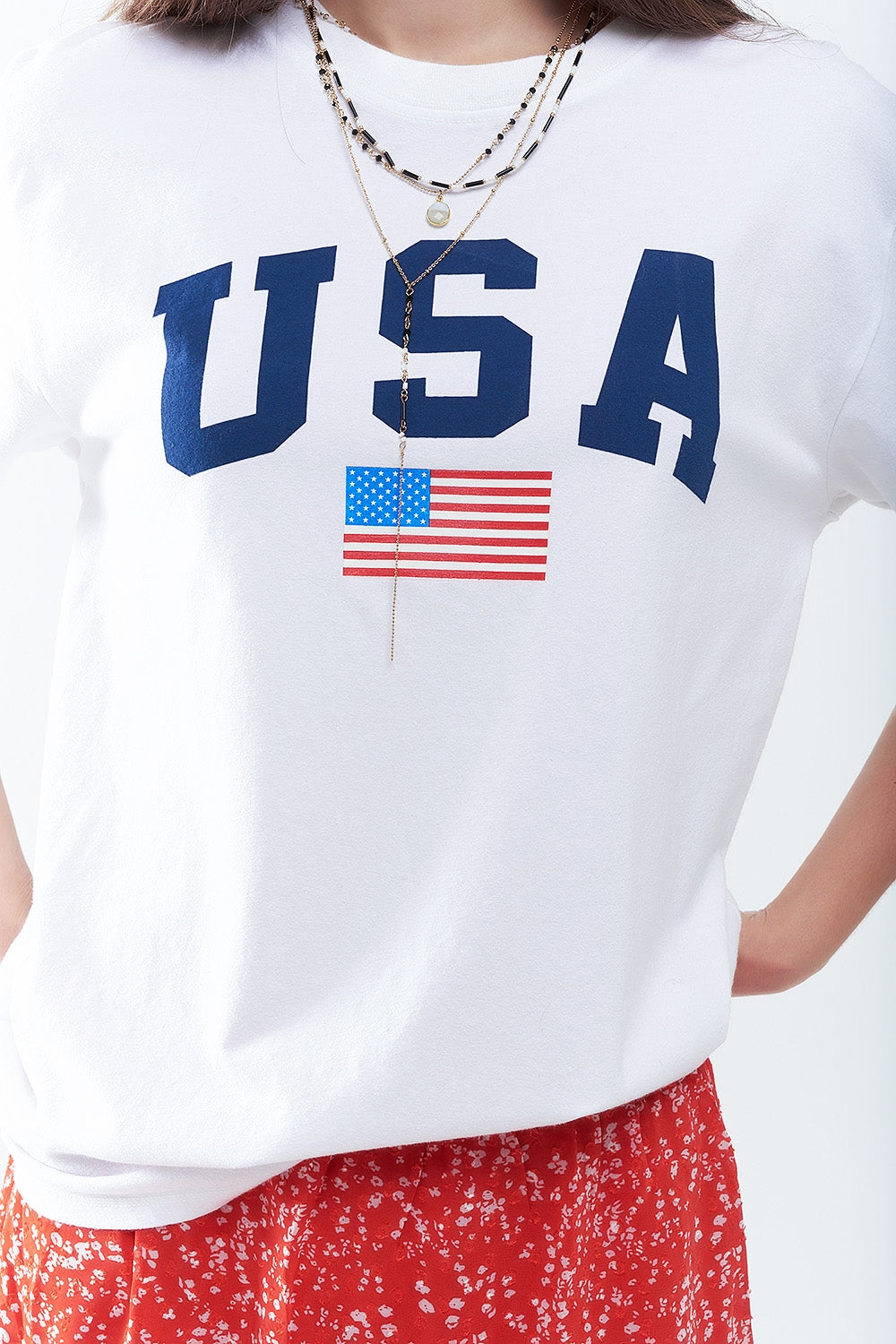 Maglietta lunga bianca larga con logo USA