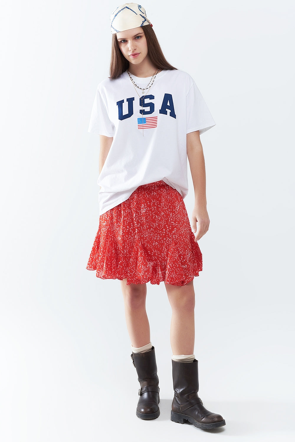 Maglietta lunga bianca larga con logo USA