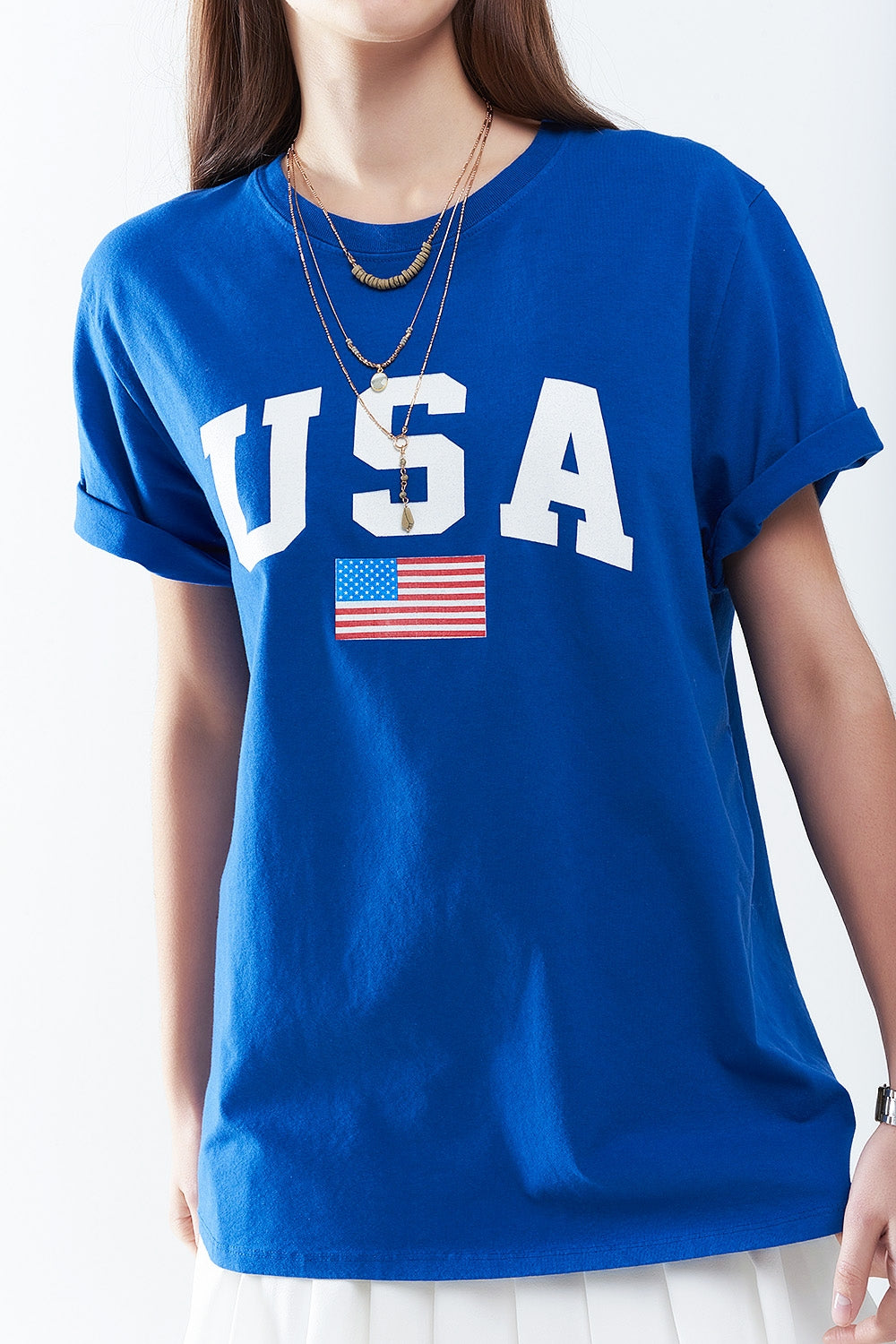 Maglietta lunga blu ampia con logo USA
