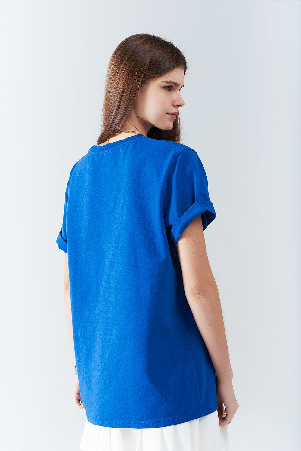 Maglietta lunga blu ampia con logo USA