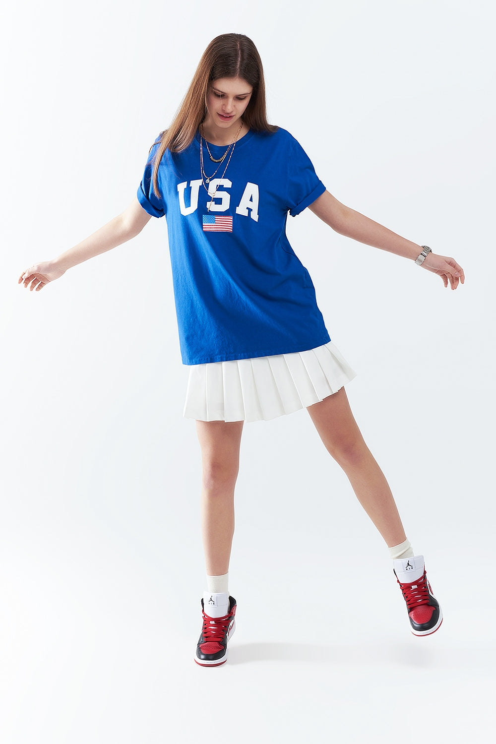 Maglietta lunga blu ampia con logo USA