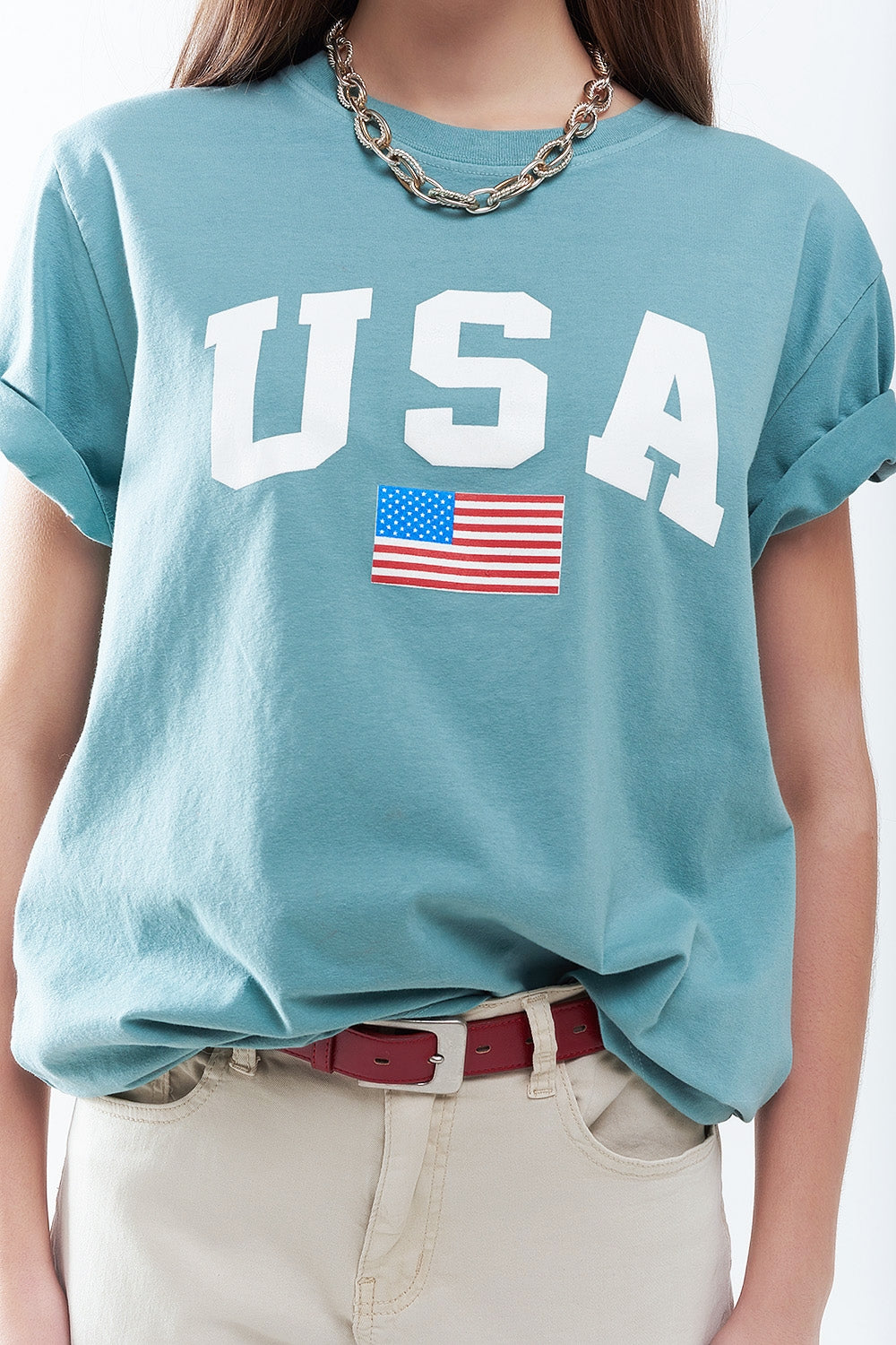 Maglietta lunga verde ampia con logo USA