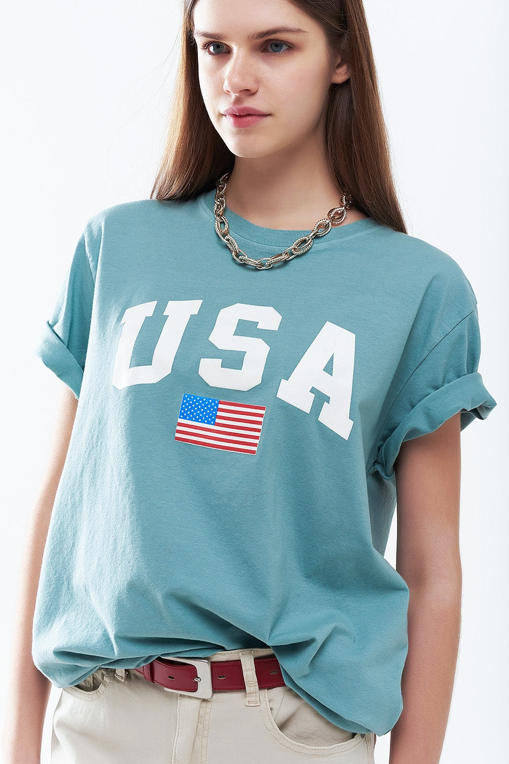 Maglietta lunga verde ampia con logo USA