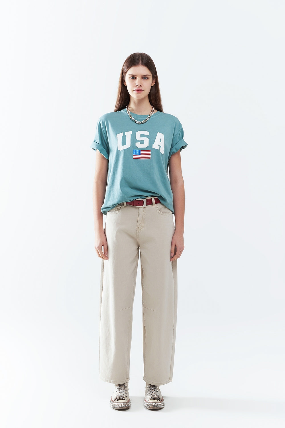 Maglietta lunga verde ampia con logo USA