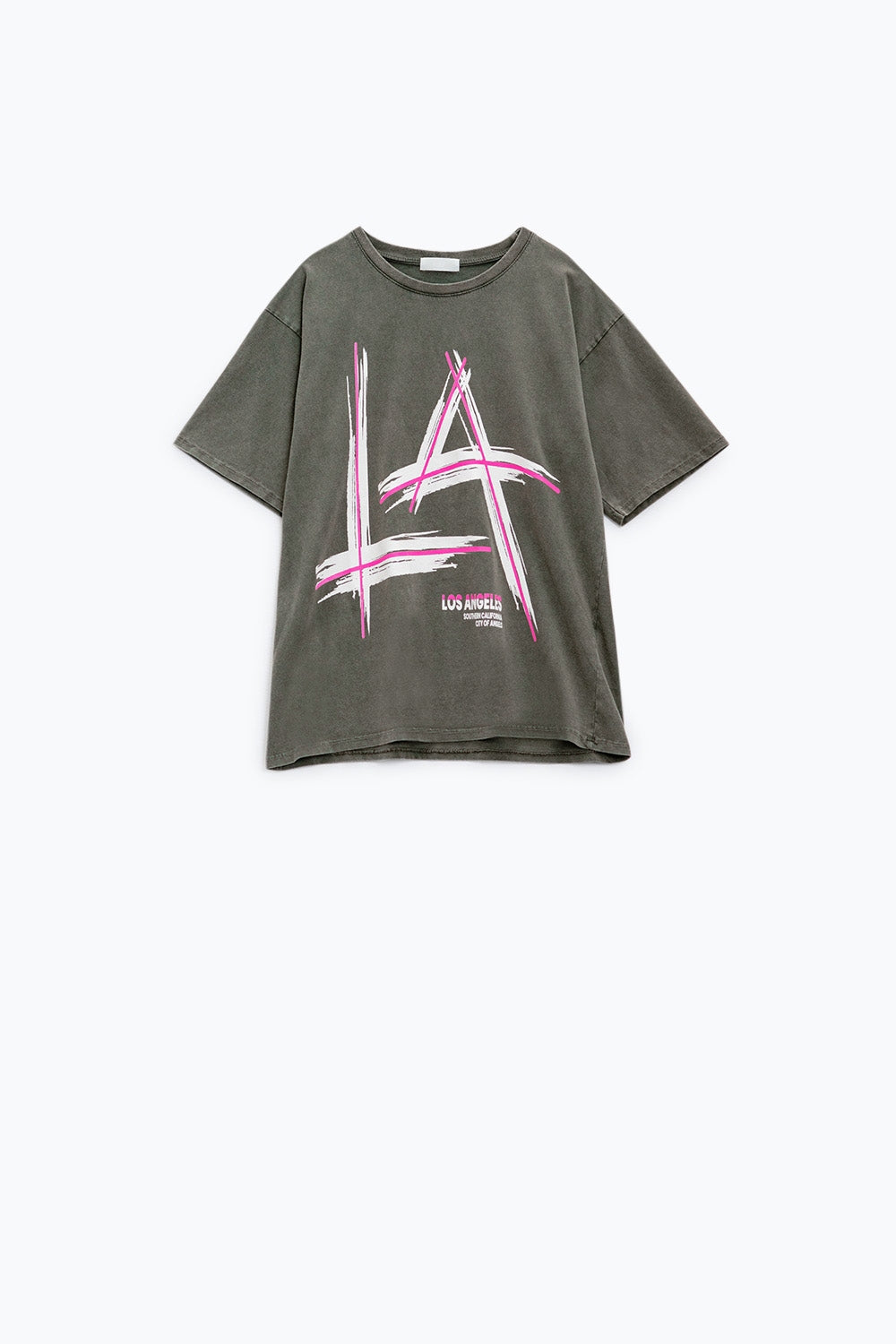 Maglietta oversize grigia con stampa LA Los Angeles in rosa e bianco