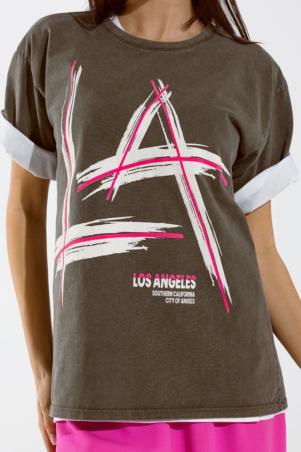 Maglietta oversize grigia con stampa LA Los Angeles in rosa e bianco