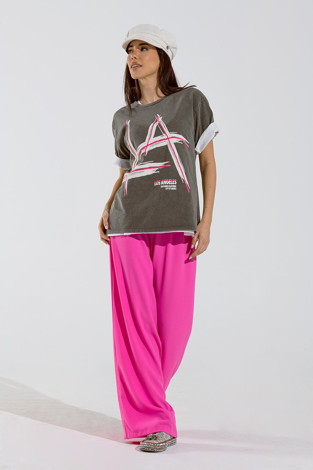 Maglietta oversize grigia con stampa LA Los Angeles in rosa e bianco