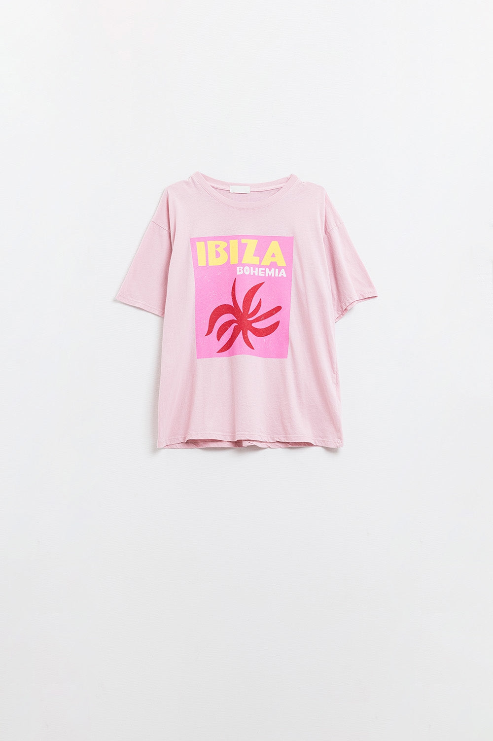 Q2 Maglietta rilassata Baby Pink Ibiza Bohemia con stampa rosa