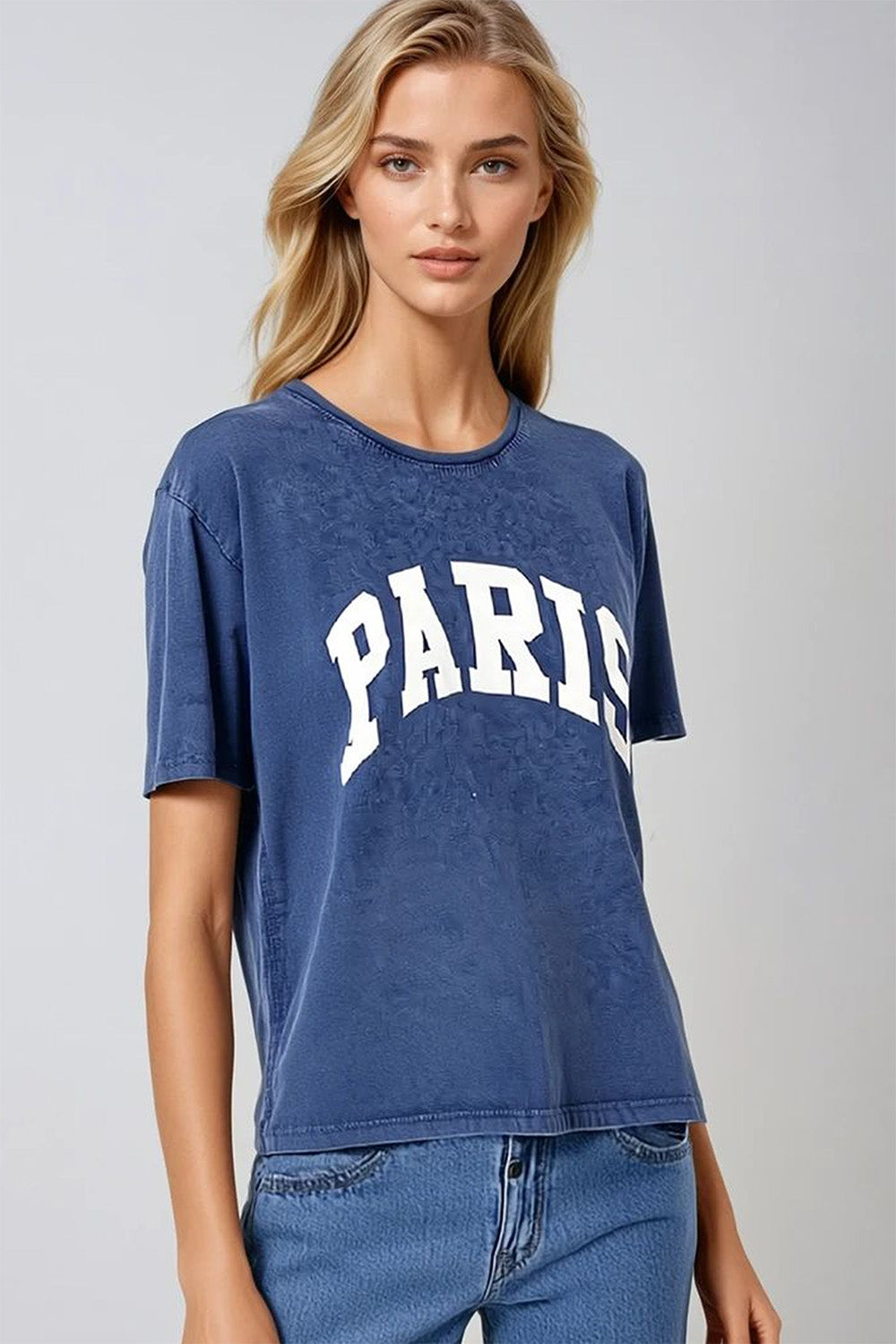 Q2 Maglietta Rilassata Blu Navy Paris con Lettere Bianche