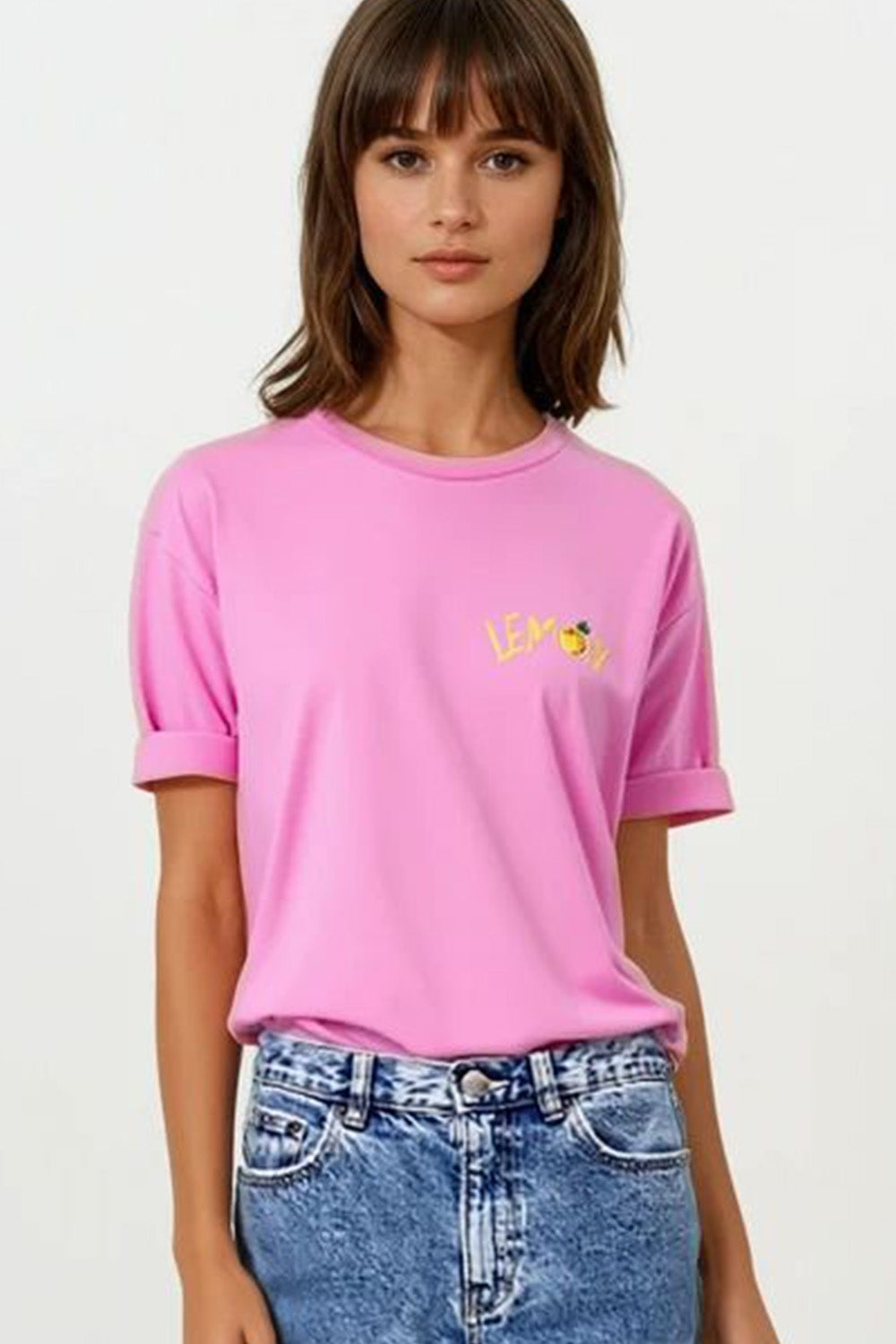 Q2 Maglietta rosa Made in Italy con grafica di limone