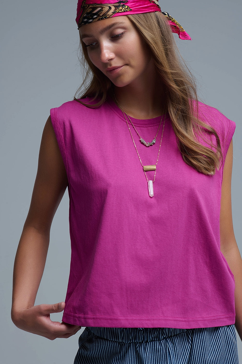 Maglietta senza maniche in cotone fucsia