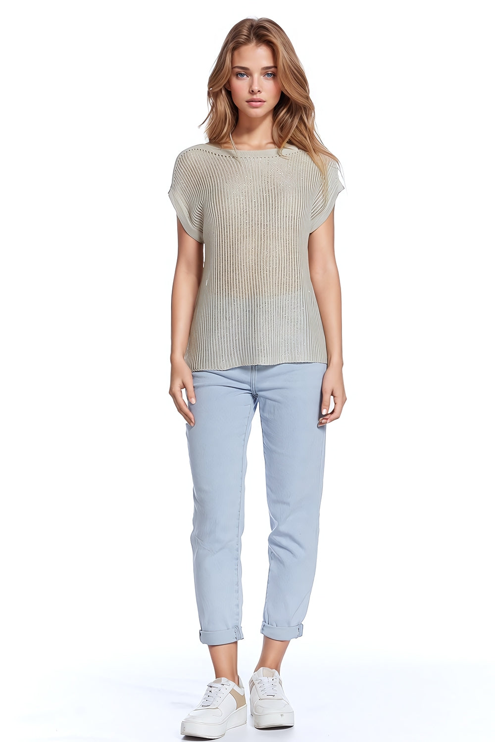 Maglione a coste con scollo a barca e maniche a cappuccio in beige