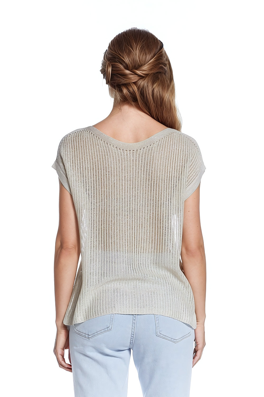 Maglione a coste con scollo a barca e maniche a cappuccio in beige