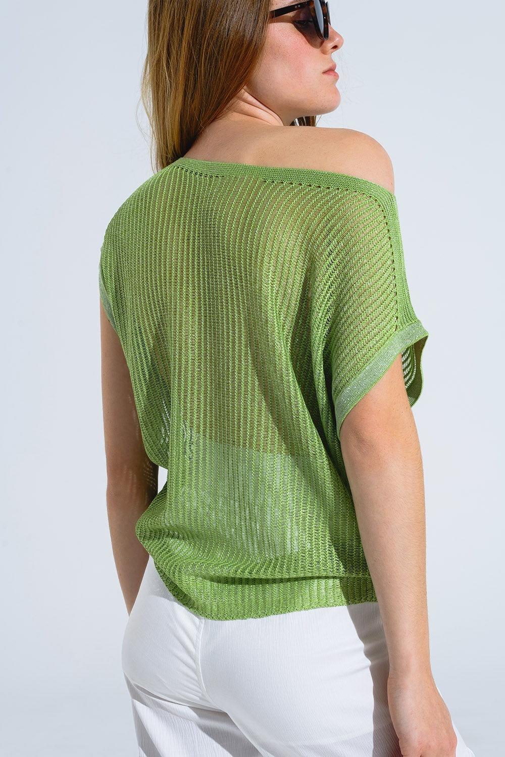 Maglione a coste con scollo a barca e maniche a cappuccio in verde