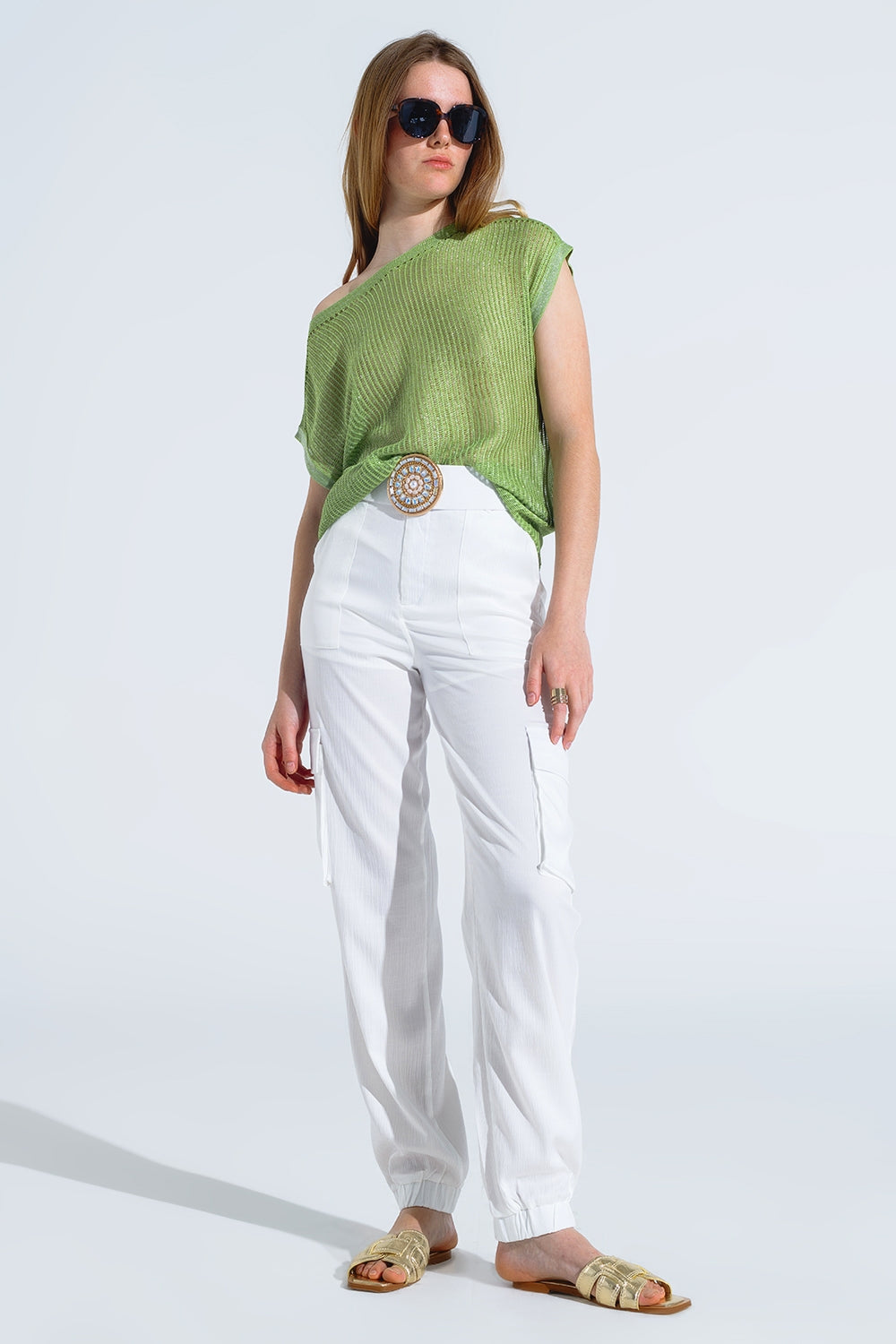 Maglione a coste con scollo a barca e maniche a cappuccio in verde