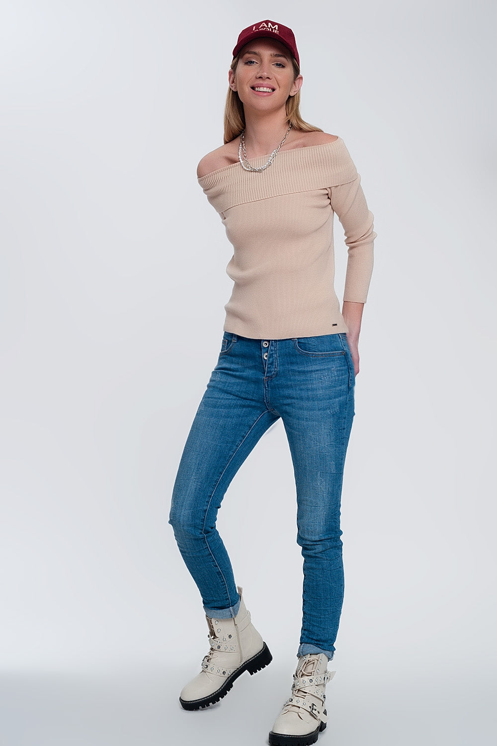 Maglione a coste larghe con scollo Bardot beige