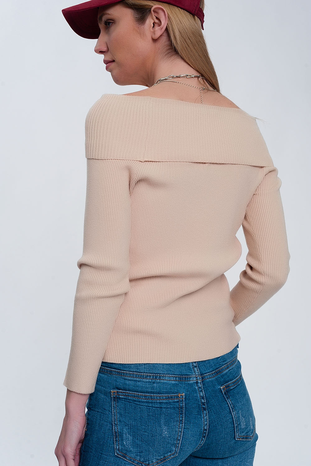 Maglione a coste larghe con scollo Bardot beige